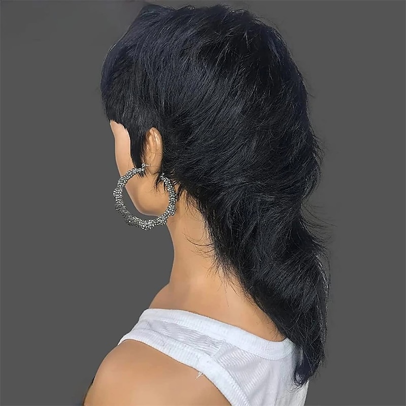 Mullet Wig Pixie Cut Wigs Human Hair for Women Shaggy Layered 70s 80s 90s Mullet Wigs With Bangs For Black Women Natural Black  Wolfcut Straight Brazilian Human Hair Wigs2
