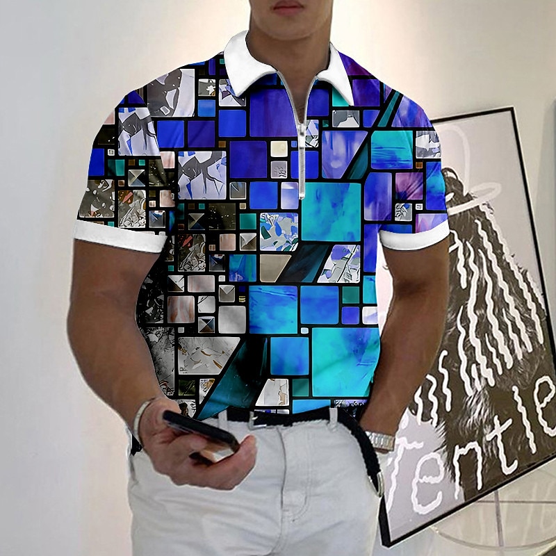 Men's Graphic Zip Polo Shirts Golf Shirt Short Sleeve Polo Shirts Collared Shirts Casual Vacation Wear Rave Wear Party Outfits 3D Print Quarter Zip Polo Yellow Light Green Pink2