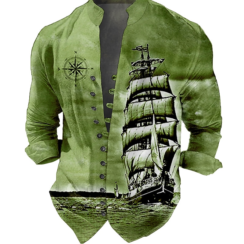 Men's Nautical Vintage Sailboat Shirt Button Up Shirt Long Sleeve Vintage Fashion Streetwear Outdoor Casual Daily Summer Spring Fall Stand Collar Print Blue-Green Wine Blue Brown Green3