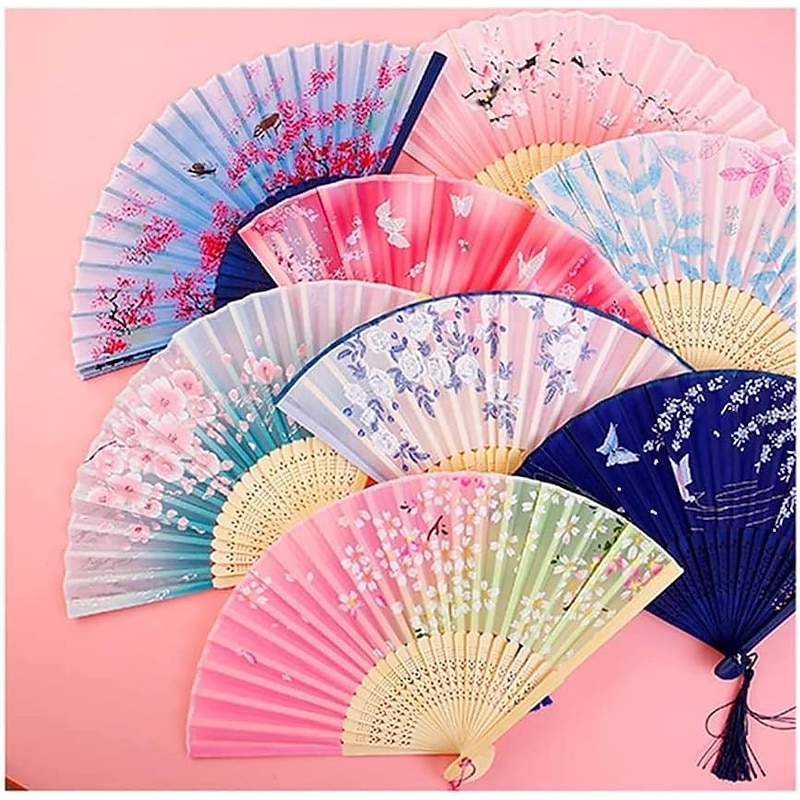 Folding Fans Vintage Style Silk Folding Fan Chinese Japanese Pattern Art Craft Gift Home Decoration Ornaments Dance Hand Fan 7 inches2