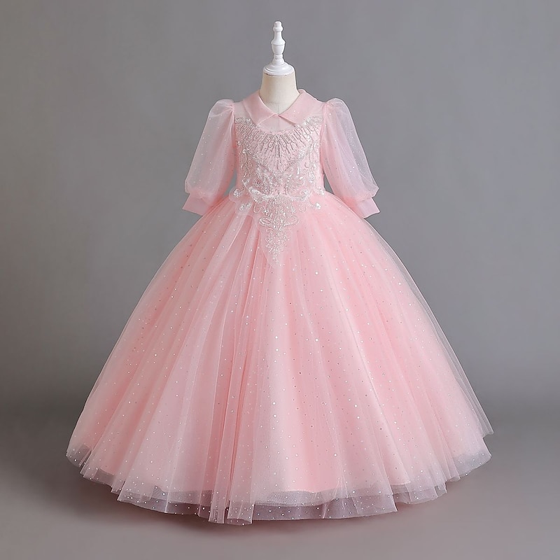Kids Girls' Flower Girl Dress Party Dress Solid Color Half Sleeve Performance Wedding Party Sequins Elegant Sweet Polyester Maxi Tulle Dress Summer Spring 3-12 Years Champagne Pink