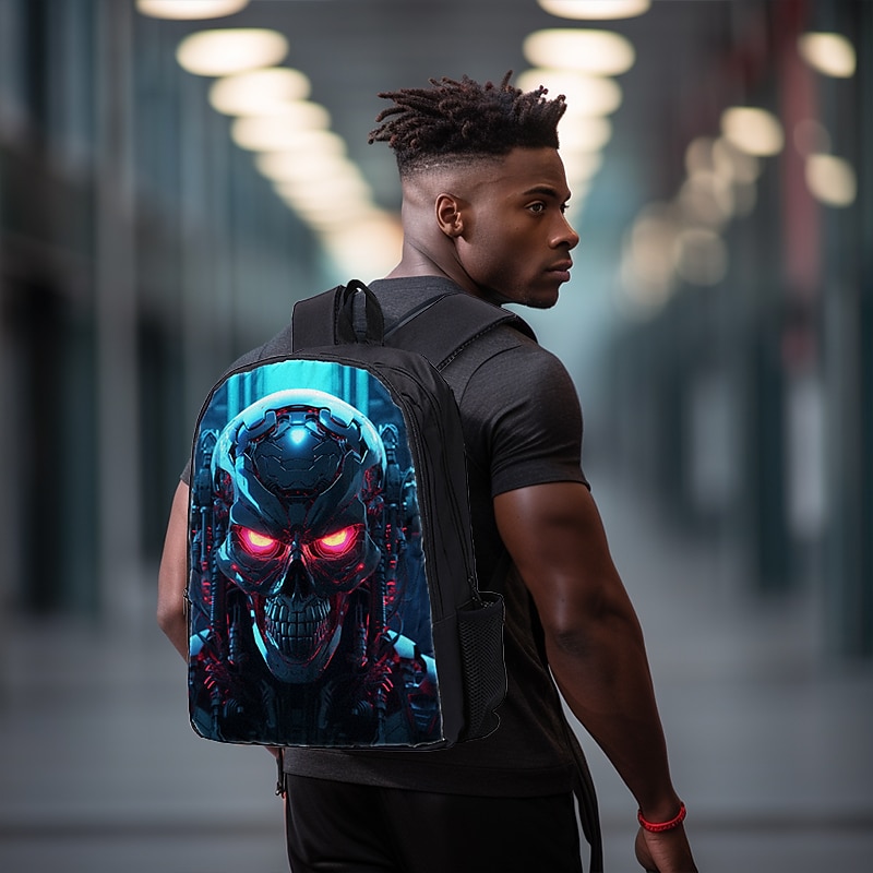 Large Capacity Cyber Skull Backpack for Teens – Futuristic Red-Eye Robot Print Laptop Bag with USB Port for School or Travel2