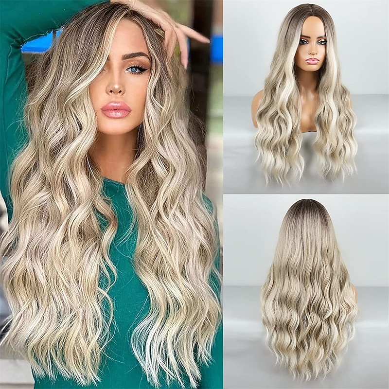 Barbiecore Movie Wigs Ombre Blonde Wig Long Wavy Wig For Women Middle Part Wavy Wigs Synthetic Heat Resistant Party Wigs