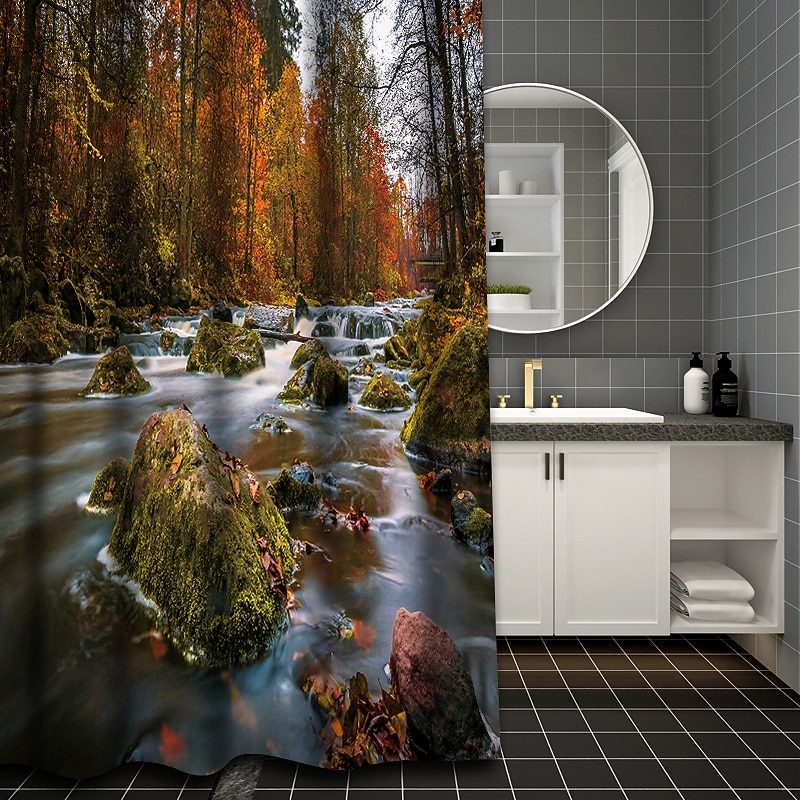 Shower Curtain with 12 Hooks 180cm*180cm(70"*70") Polyester Washable Waterproof Forest Landscape Pattern4