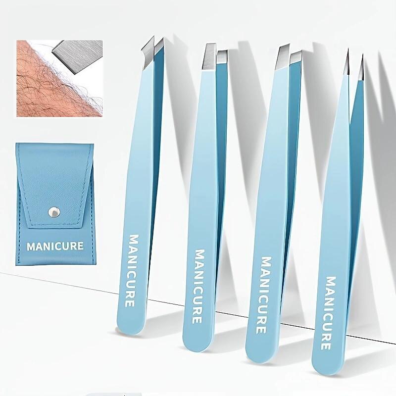 4pcs Professional Precision Slant And Pointed Tip Tweezers Set Eyebrow Plucker Tools For Ingrown Hair, Hair Removal Tweezers With Leather