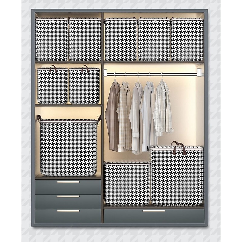1pc Clothes Storage Bag, Houndstooth Pattern Foldable Fabric Storage Bag, Large Capacity Waterproof Moisture-proof Cotton Quilt Storage Bag, Home Organization And Storage3