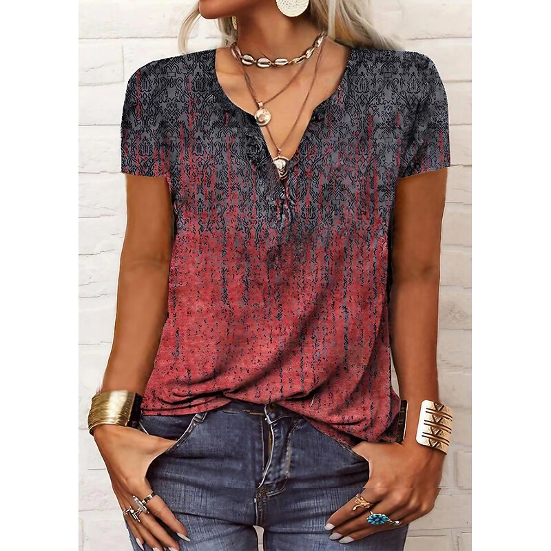 Women's T Shirt Henley Shirt Graphic Paisley Vintage Basic Short Sleeve V Neck Regular Tops Daily Weekend Print Black Red Blue