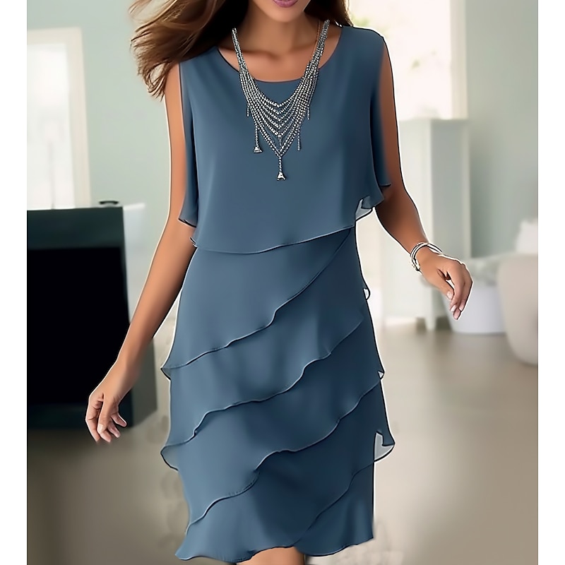 Women's Wedding Guest Cocktail Dress Elegant Chiffon Party Dress Midi Dress Blue Sleeveless Pure Color Ruffle Summer Spring Fall Crew Neck Fashion Summer Dress2