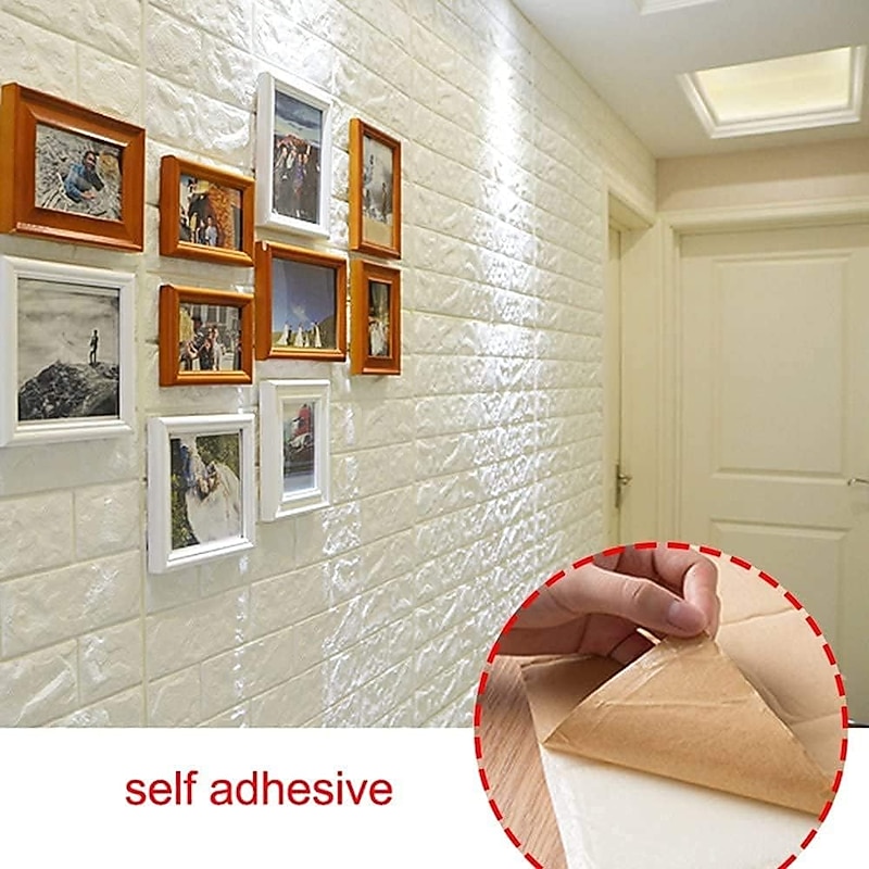 5pcs Wallpaper 3D Brick Self-Adhesive Wall Panels White Modern Waterproof Stone Look Wallpaper Foam Wall Sticker for Bathroom Bedroom Living Room Balcony Kitchen3