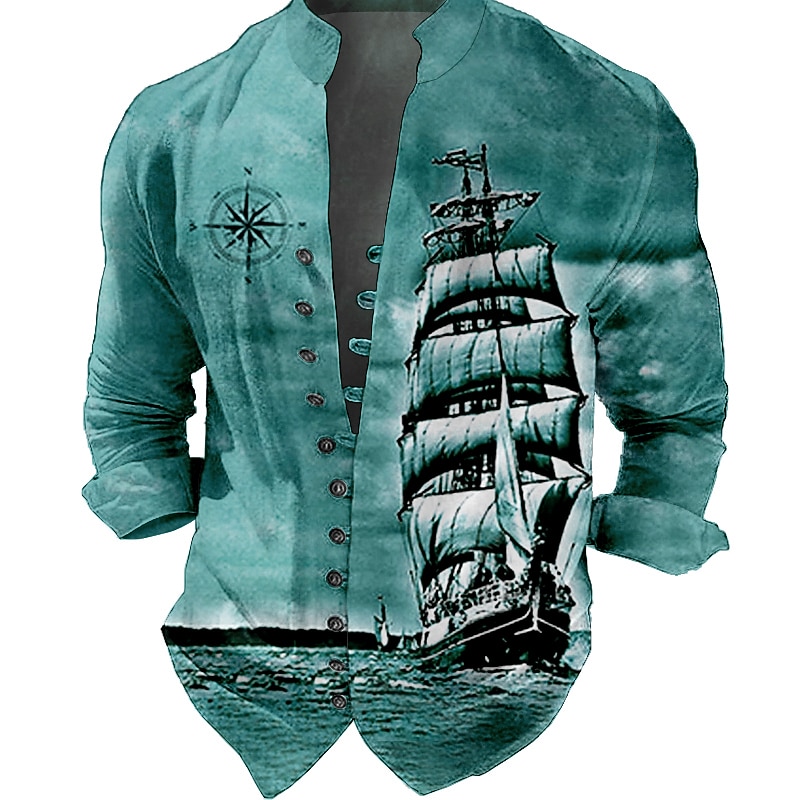 Men's Nautical Vintage Sailboat Shirt Button Up Shirt Long Sleeve Vintage Fashion Streetwear Outdoor Casual Daily Summer Spring Fall Stand Collar Print Blue-Green Wine Blue Brown Green4