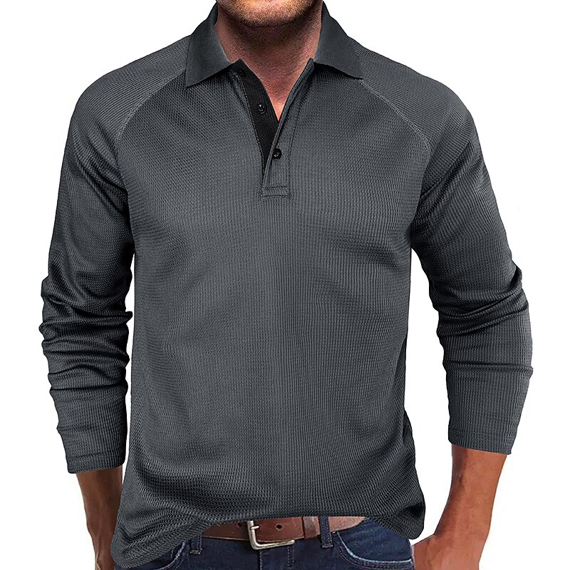 Men's Polo Casual Ribbed Polo Collar Long Sleeve Comfortable Solid / Plain Color Color Block Fall & Winter Regular Fit Dark-Gray Black White Royal Blue Light Grey Army Green Polo4