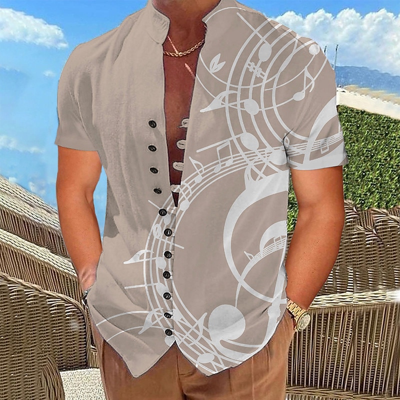 Men's Boardmasters Music Notes Shirt Button Up Shirt Long Sleeve Fashion Streetwear Designer Outdoor Street Daily Summer Spring Fall Stand Collar Print White Khaki2