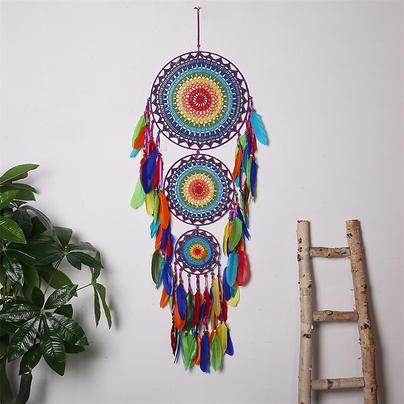 Three-ring Dream Catcher Handmade Gift Feather Hook with Three Circles Indian Style Ornament Wall Hanging Decor Art Boho Style 35x110cm/13.77''x43.3''4