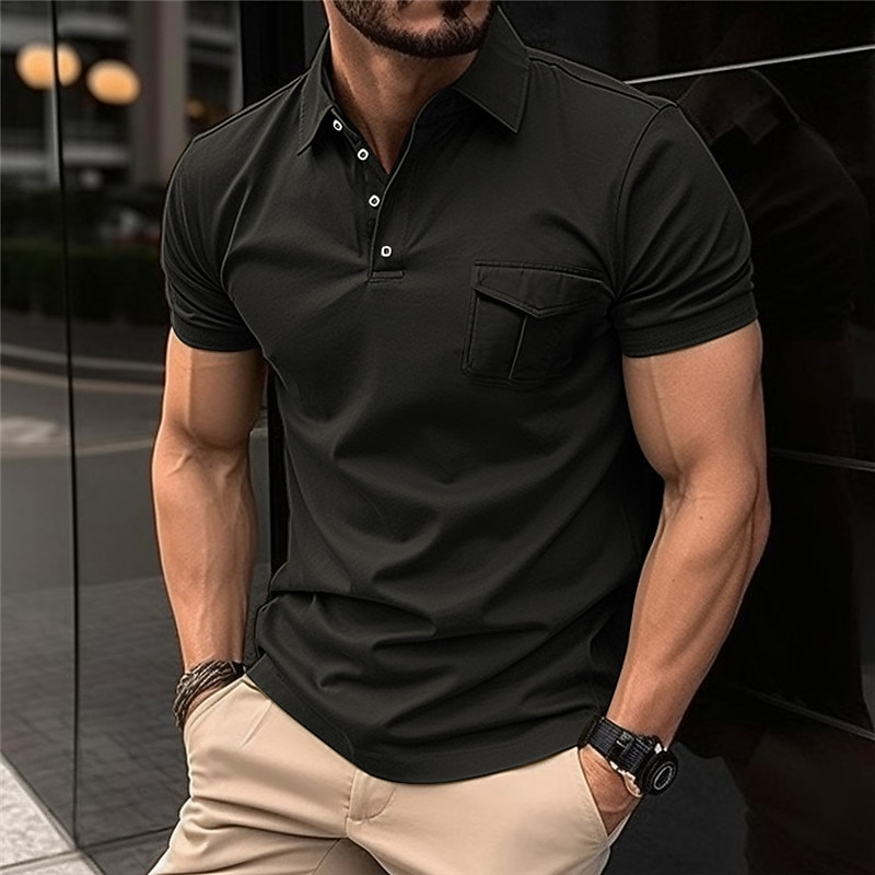Men's Button Up Polos Golf Shirt Work Casual Lapel Short Sleeve Modern Formal Plain Front Pocket Summer Regular Fit Black Army Green Red Navy Blue Gray Button Up Polos3