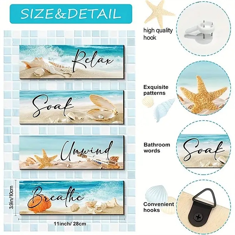 1pc Ocean Beach Bathroom Wall Decor Wooden Relax Soak Relax Breathe Wall Art Bathroom Sign Hanging Seashell Starfish Wooden Sign Room Decor Scene Decor Bedroom Decor Entrance Decor Wall Beauti2