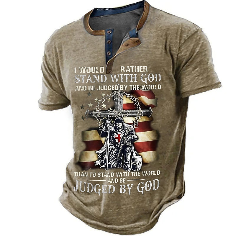 Independence Day Mens Graphic Shirt Henley Cross Faith National Flag Clothing Apparel 3D Print Outdoor Daily Short Sleeve Button Down Fashion Designer Would Rather Stand With God Be Judged By World Th3