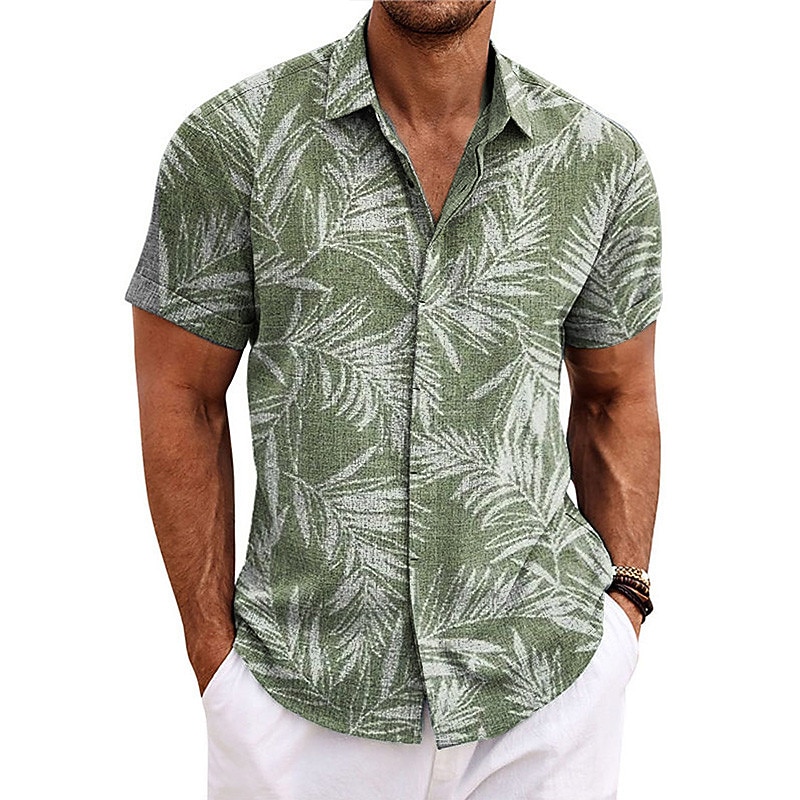 Men's Shirt Linen Shirt Beach Shirt Summer Hawaiian Shirt Leaves Outdoor Street Royal Blue Blue Purple Green Short Sleeves Turndown Summer Spring Clothing Apparel Print