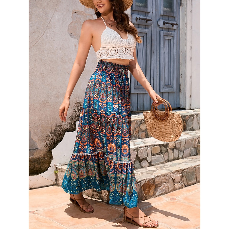 Women's Skirt Swing Bohemia Maxi High Waist Skirts Pleated Print Color Block Floral Vacation Going out Summer Cotton Polyester Vintage Retro Vintage Ethnic Casual Red Navy Blue Royal Blue2