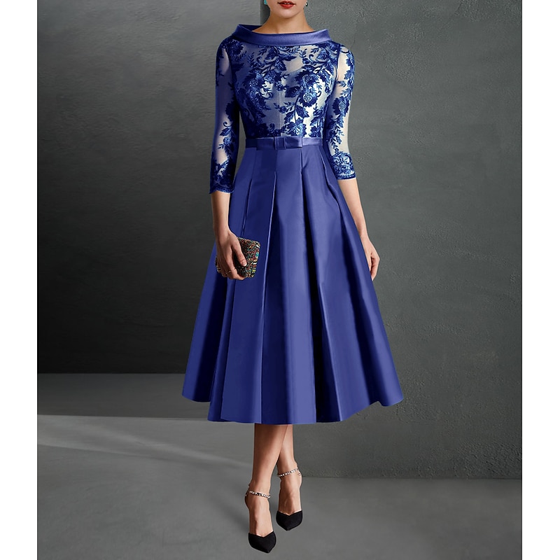 A-Line Mother of the Bride Cocktail Dresses Elegant Dress Formal Kentucky Tea Length 3/4 Length Sleeve Jewel Neck Fall Wedding Guest Satin with Pleats Appliques Dresses4
