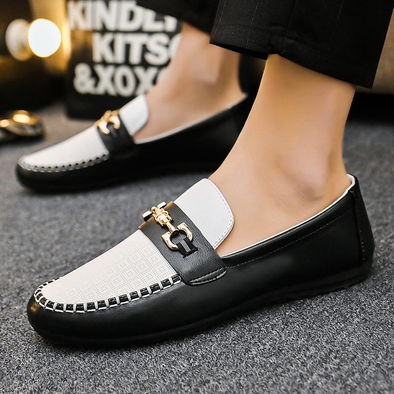 Men's Black and White Leather Loafers – Casual Slip-On Moccasins with Metal Buckle for Business and Driving3
