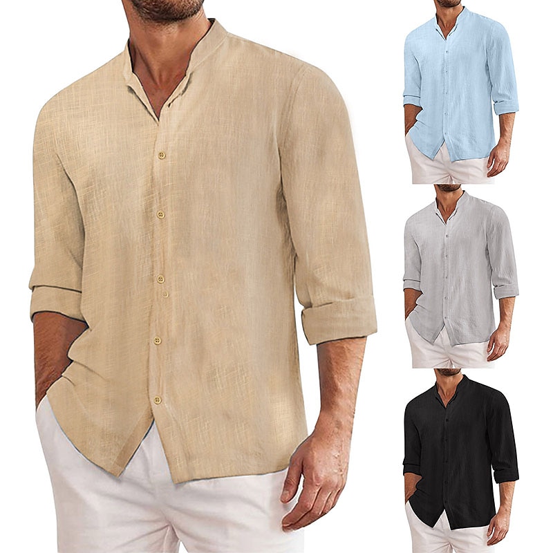 Men's Shirt Chinese Collar Shirt Mandarin Collar Shirt Summer Shirt Casual Shirt Beach Shirt Plain Vacation Hawaiian Black Blue Khaki Gray Long Sleeve Stand Collar Spring & Summer Clothing Apparel