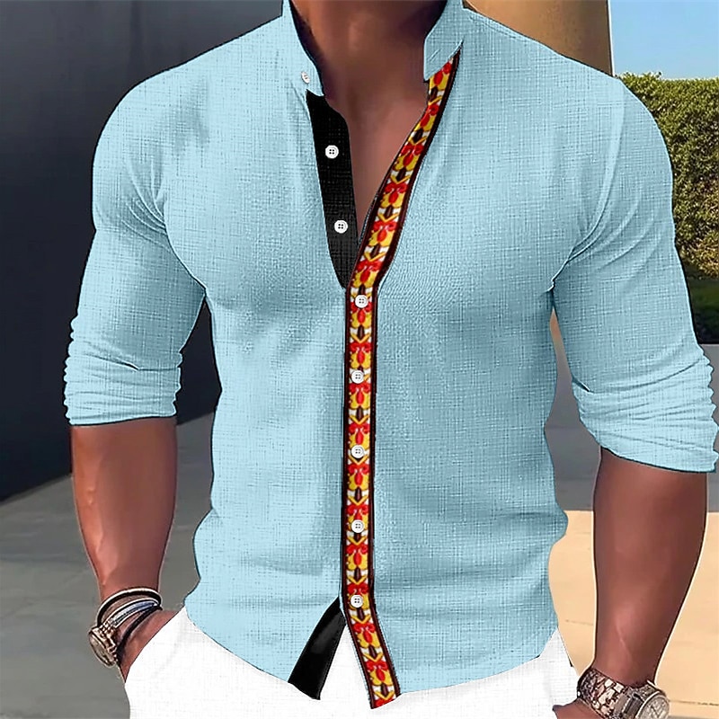 Men's Shirt Dress Shirt Geometry Outdoor Casual Navy Blue Blue Orange Green Long Sleeve Stand Collar Summer Spring Clothing Apparel Print2