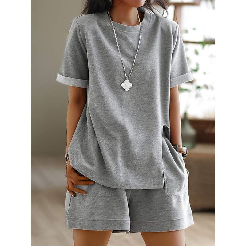 Women's Plus Size Loungewear Sets Pure Color Sport Casual Comfort Home Street Daily Breathable Crew Neck Short Sleeve T shirt Tee Shorts Pocket Summer Spring Home Outfits