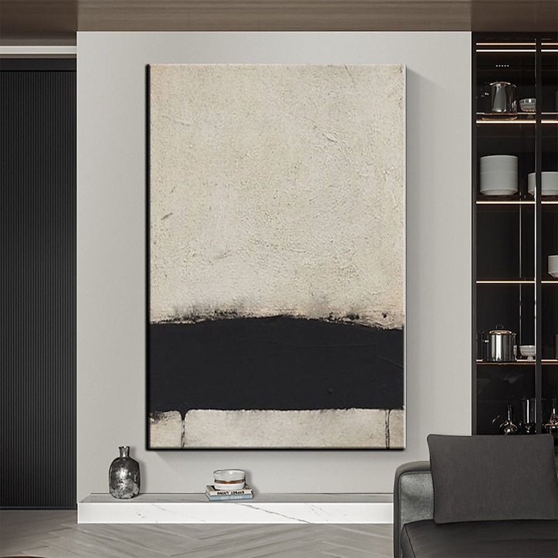 Handmade Hand Painted Oil Painting Wall Beige and Black Abstract Oil Painting Original Acrylic Painting on Canvas Modern Minimalist Art for Bedroom Decor Rolled Canvas No Frame Unstretched 7