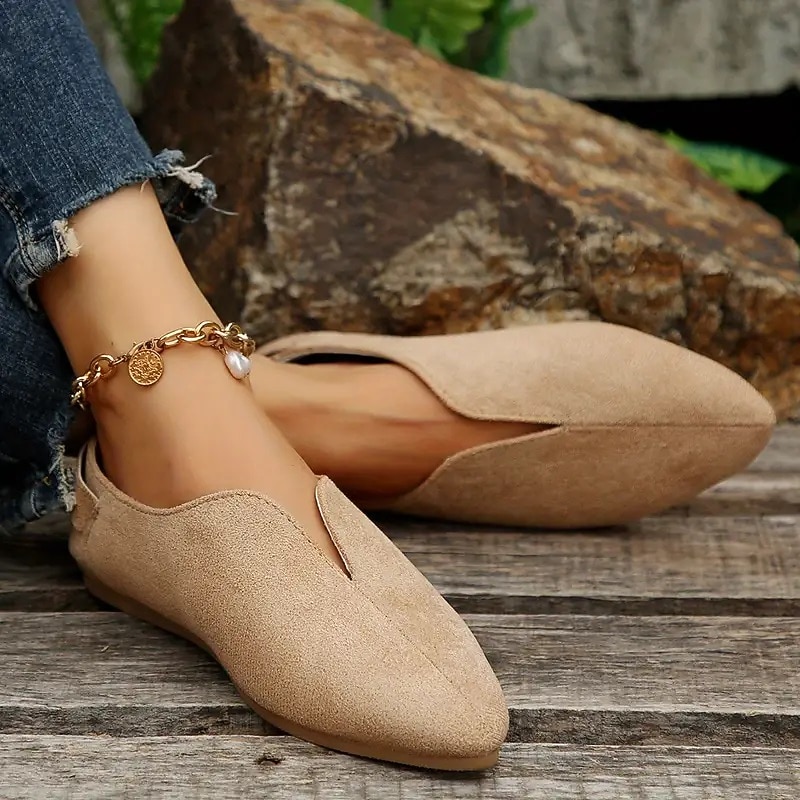 Women's Beige Suede Pointed-Toe Flats with Buckle Strap - Casual Slip-On Shoes for Everyday Wear2