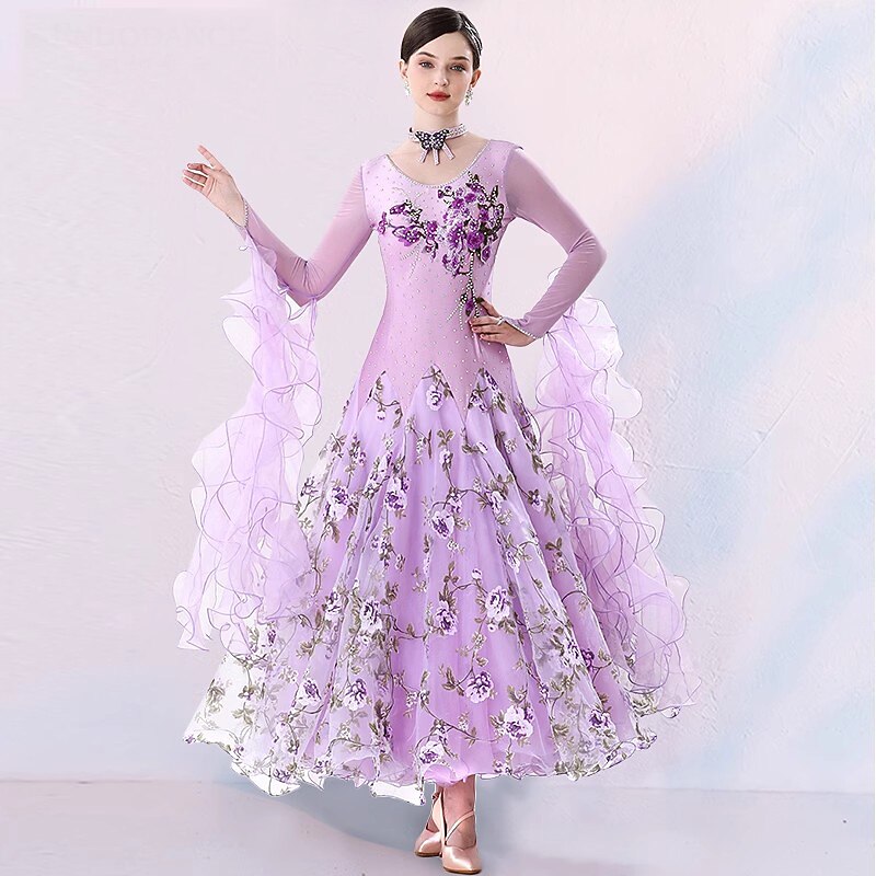 Ballroom Dance Dress Embroidery Splicing Crystals / Rhinestones Women's Performance Party Long Sleeve Mesh Spandex Tulle