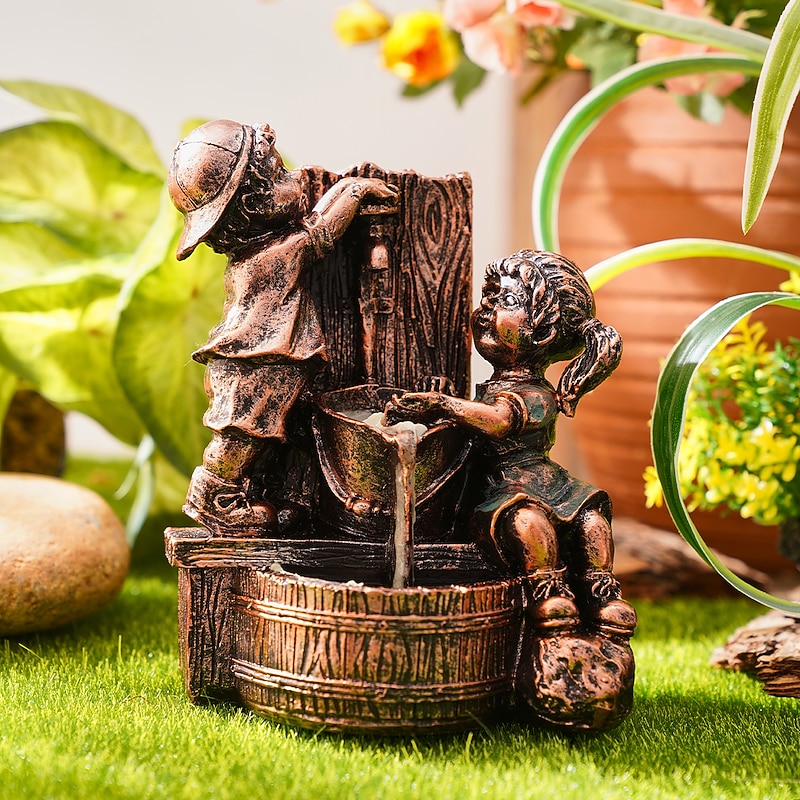 Garden Water Fountain Statue Fluorescent Light at Night Childish Whimsy Antique Bronze Fountain Sculpture Landscaping Decoration for Garden Lawn Patio Balcony Art Decor