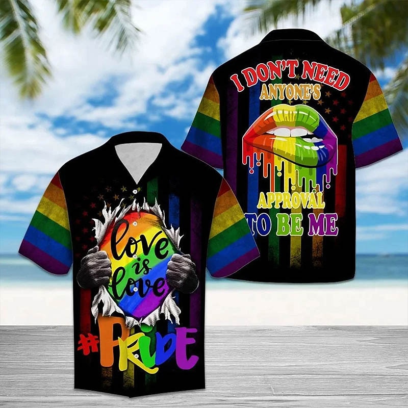 Men's Heart Rainbow Graphic Prints Shirt Summer Hawaiian Shirt Button Up Shirt Short Sleeve Tropical Fashion Hawaiian Street Casual Hawaiian Summer Spring Turndown Print Button-Down Black Purple2