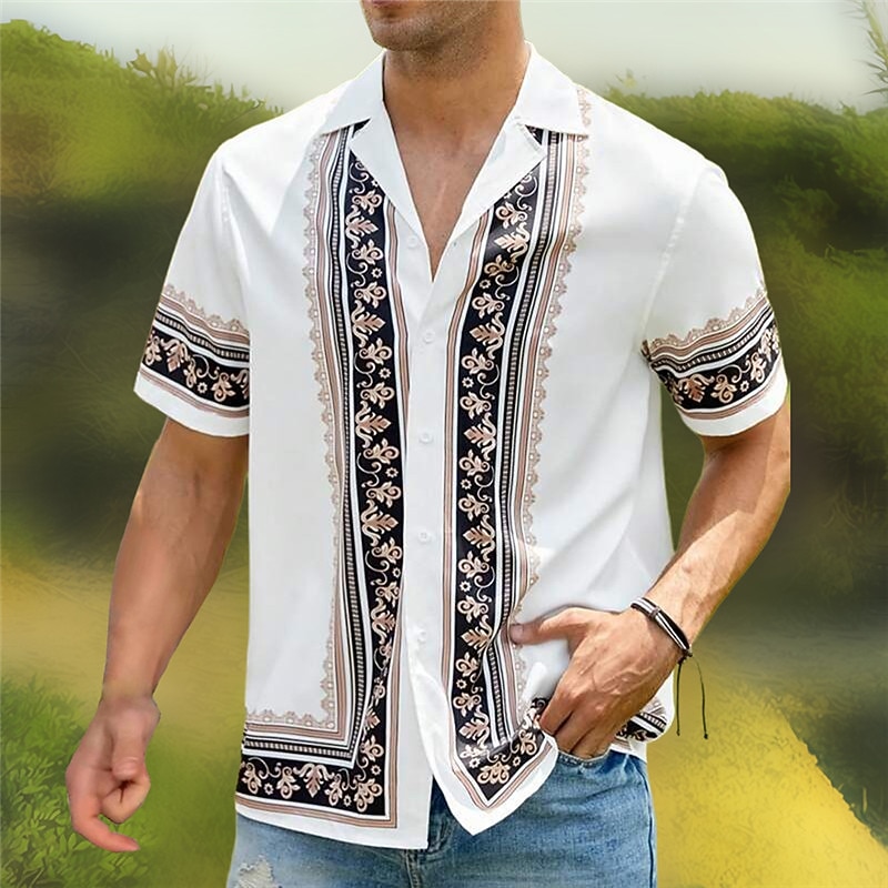 Men's Ethnic Shirt Button Up Shirt Short Sleeve Sports Fashion Streetwear Outdoor Casual Holiday Summer Spring Cuban Collar Print Black White Yellow Gray