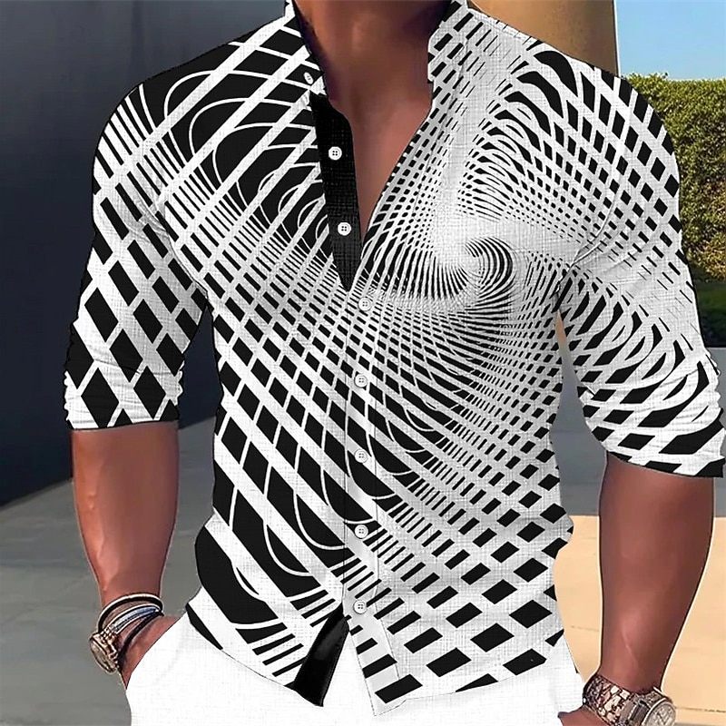 Men's Optical Illusion Geometric Pattern Shirt Button Up Shirt Long Sleeve Fashion Streetwear Designer Outdoor Casual Daily Summer Spring Fall Stand Collar Print White Yellow Pink Blue Green