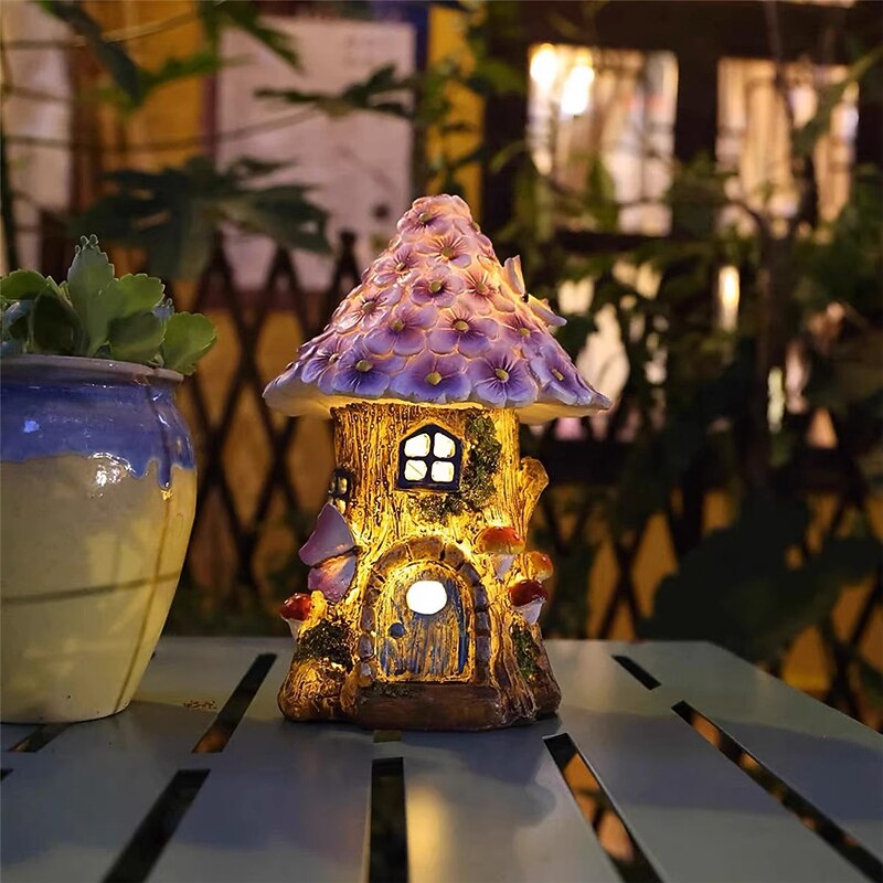 Craft Miniature House Solar Powered Led Light Garden Fairy Outdoor Walkway Sun Flower Resin Cottage Village Lamp Decoration