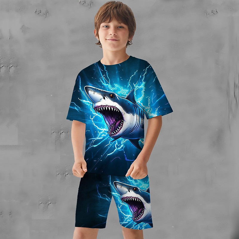 Boys 3D Graphic Animal Shark T-shirt & Shorts T-shirt Set Clothing Set Short Sleeve 3D prints Summer Spring Active Sports Fashion Polyester Kids 3-13 Years Outdoor Street Vacation Regular Fit