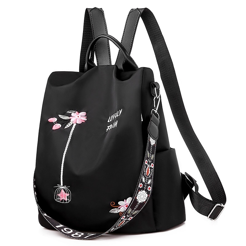 Women's Black Waterproof Nylon Backpack with Floral Embroidery and Shoulder Strap – Casual Lightweight Anti-Theft Bag for Travel, School, or Daily Use