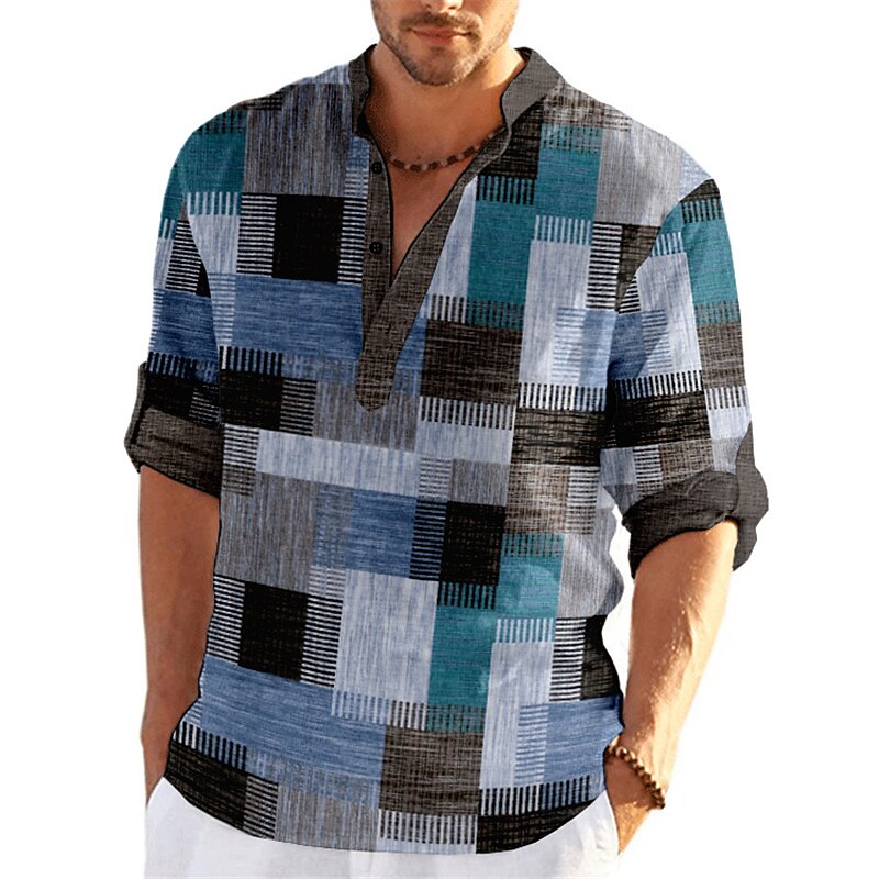 Men's Striped Plaid / Check Geometric Pattern Shirt Button Up Shirt Long Sleeve Fashion Streetwear Designer Outdoor Street Daily Summer Spring Fall Stand Collar Print Yellow Light Green Wine Blue2
