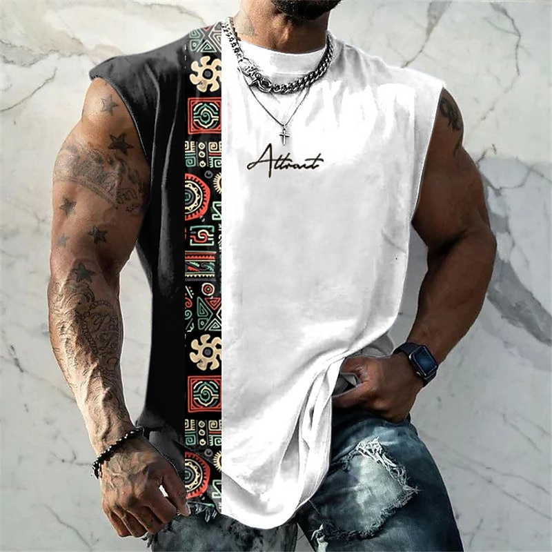 Men's Graphic Color Block Tribal Vest Top Sleeveless T Shirt for Men Sleeveless Cap Sleeve T shirt 3D Print Crew Neck Shirt Designer Ethnic Muscle Daily Sports Gym Black White Yellow Spring & Summer
