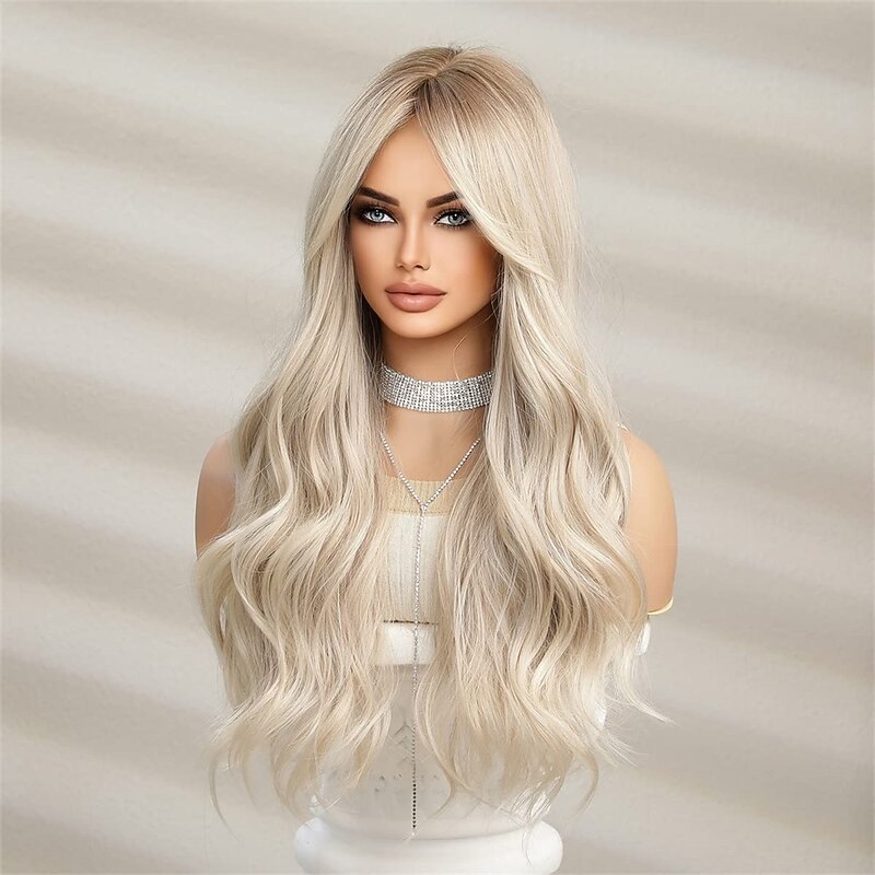 Barbiecore Movie Wigs Long Blonde Wigs with Bangs for WomenSynthetic Wavy Hair Wig with Dark Roots2