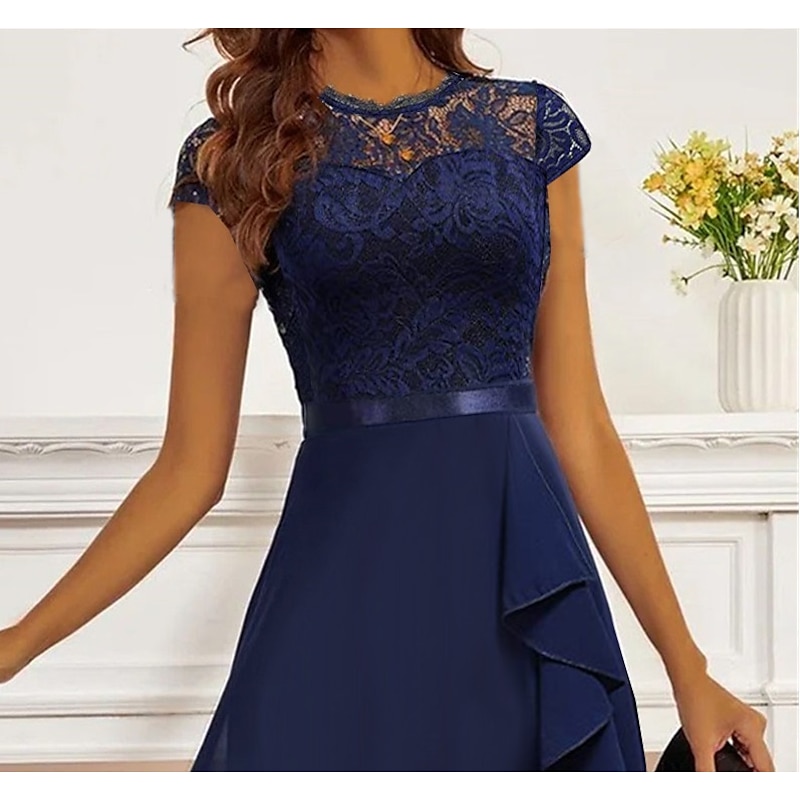 Women's Party Dress Lace Dress Cocktail Dress Midi Dress Dark Blue Short Sleeve Pure Color Lace Summer Spring Fall Crew Neck Fashion Wedding Guest Vacation Summer Dress S M L XL 2XL2