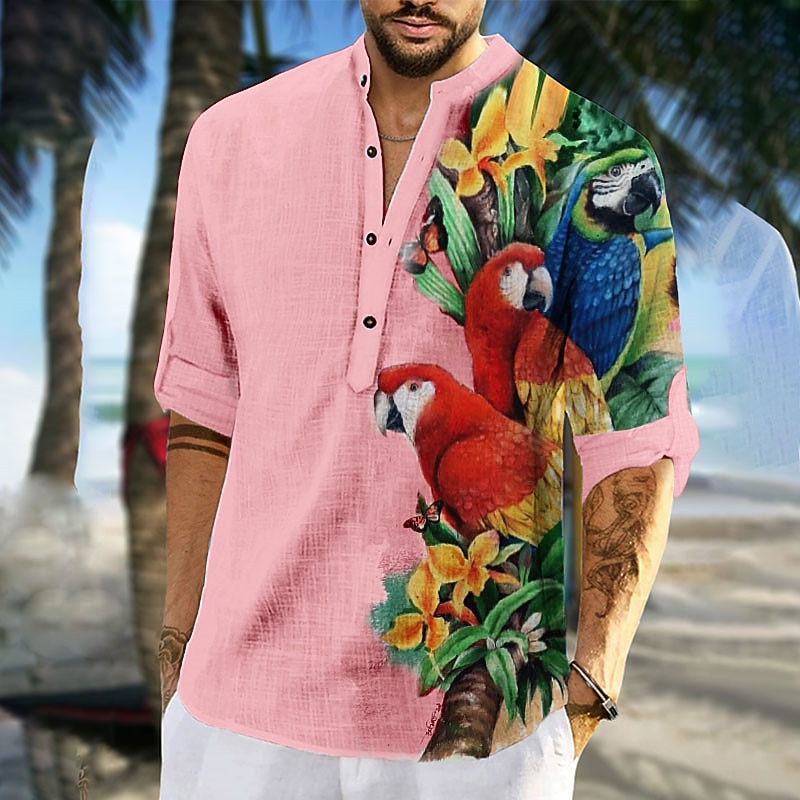 Men's Graphic Prints Parrot Shirt Aloha Shirt Long Sleeve Shirt Stand Collar Outdoor Street White Pink Blue Green Print Clothing Apparel Fashion Streetwear Designer Casual3