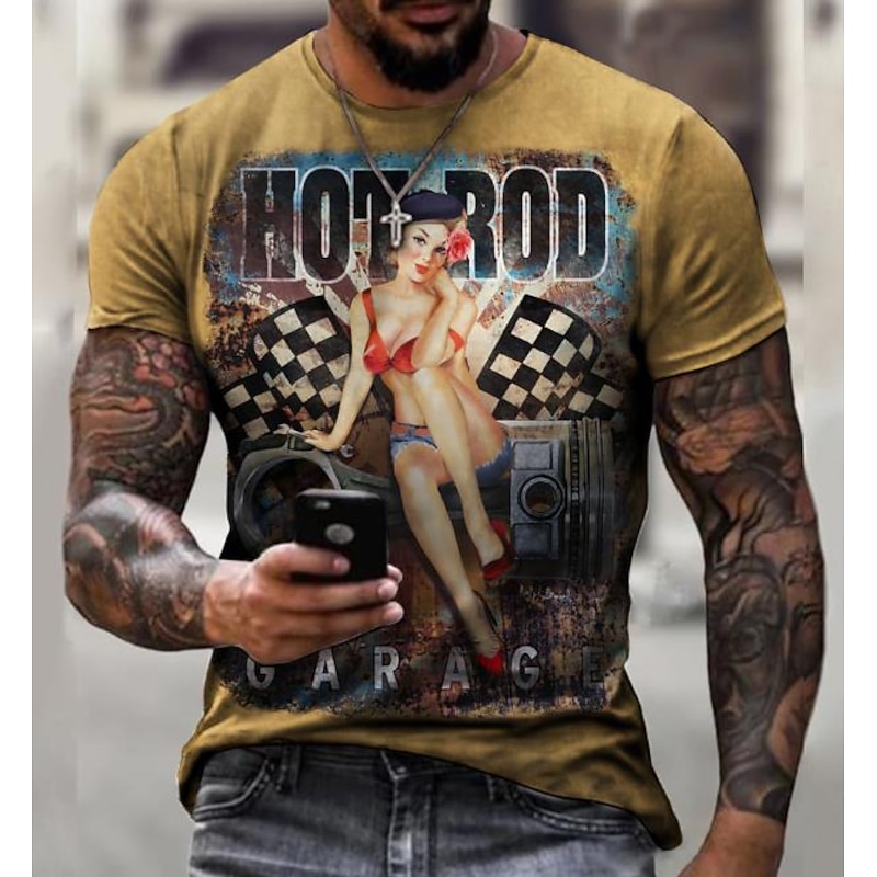 Men's Graphic Motorcycle T Shirt Motorcycle T Shirt Short Sleeve T shirt 3D Print Crew Neck Shirt Vintage Fashion Designer Outdoor Daily Sports Light Yellow Light Brown Lace Dark Brown Spring & Summer2