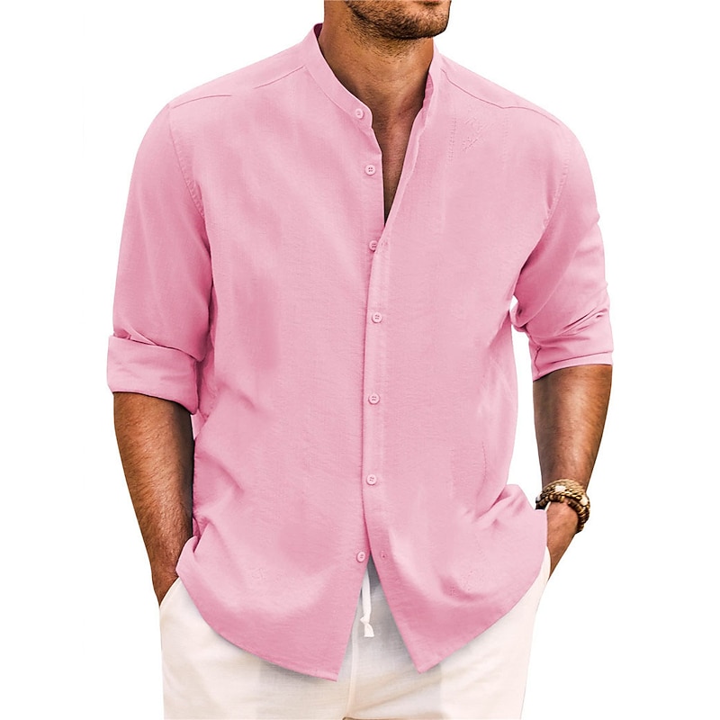 Men's Shirt Summer Shirt Beach Wear Casual Shirt Band Collar Shirt Button Up Shirt Plain Vacation Casual Black White Pink Green Long Sleeve Band Collar Spring & Summer Clothing Apparel