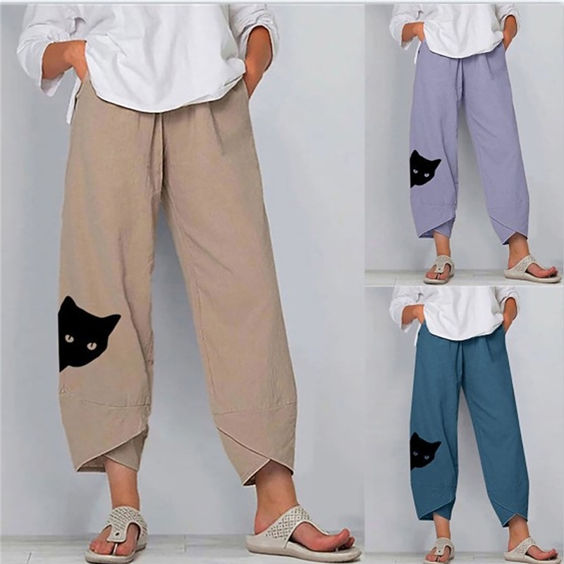 Women's Cotton Linen Pants Chinos Capri shorts Streetwear Simple Casual Ankle-Length Mid Waist Cat Baggy Print Breathable Soft Outdoor Micro-elastic Outdoor Vacation Casual Daily Navy Purple Khaki