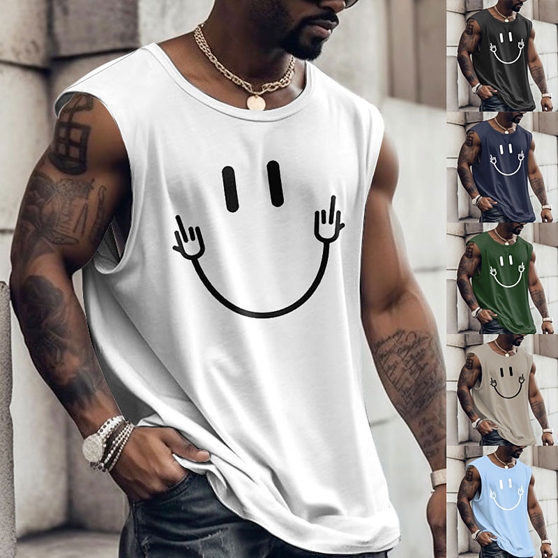 Men's Graphic Smile Face Vest Top Sleeveless T Shirt for Men Cap Sleeve T shirt 3D Print Crew Neck Shirt Fashion Designer Muscle Daily Sports Gym Black White Navy Blue Spring & Summer Clothing Apparel