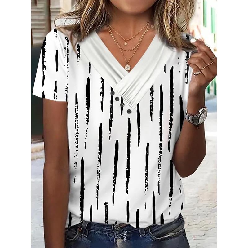 Women's T Shirt Graphic Elegant Fashion Basic Short Sleeve V Neck Regular Tops Daily Weekend Buttons Print Black White Pink Blue Green3
