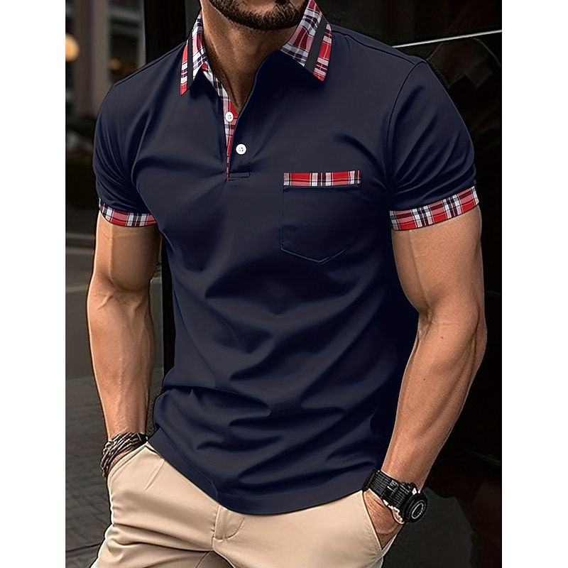 Men's Polo Shirt Golf Shirt Casual Sports Classic Short Sleeve Fashion Basic Plaid Color Block Patchwork Pocket Summer Regular Fit Black White Red Navy Blue Blue Green Polo Shirt - Main Image