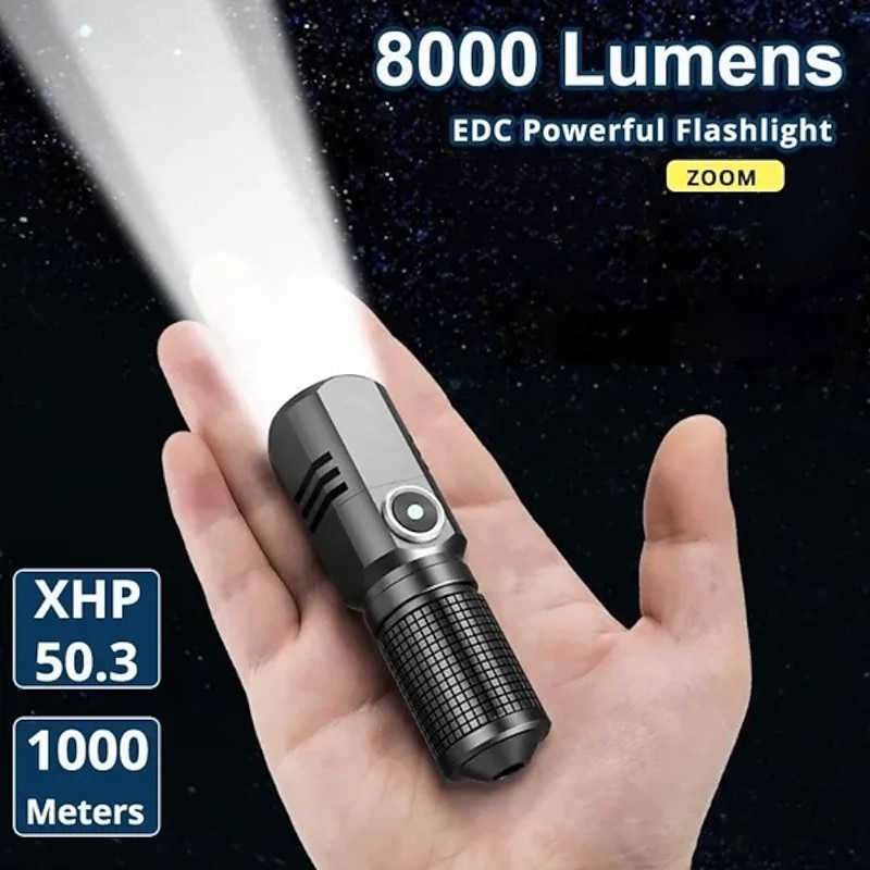 XHP50 Powerful LED Flashlight 1500lm 3 Modes USB C Rechargeable Mini Flashlight Torch Lamp Military Camping Flashlights Can Be Closed with One Click