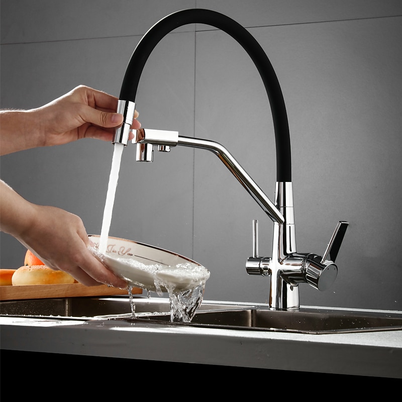 Kitchen Faucet Pull Down Spray Head, Purified Water Dual Spout Taps Sink Mixer Deck Mounted,  360 Rotating Twin Handle High Arc Flexible Tube Vessel Brass Tap2